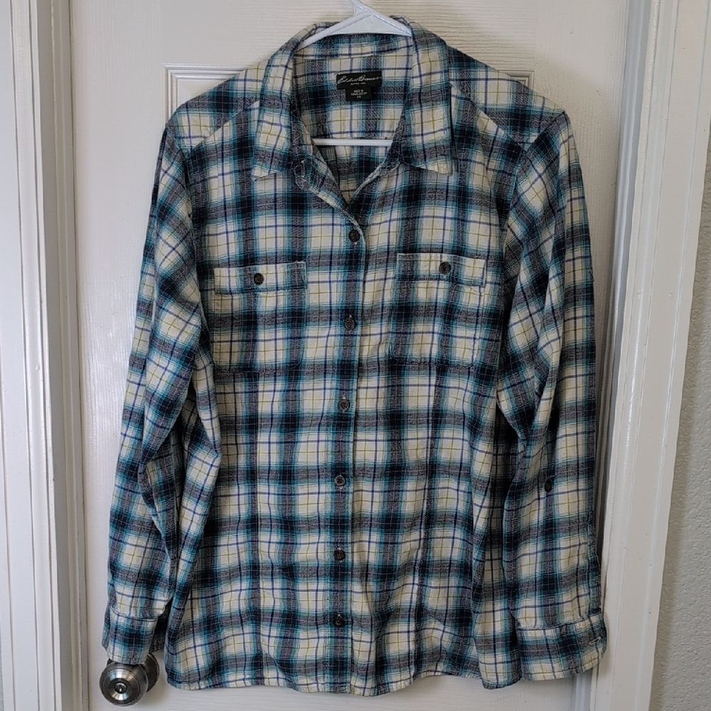 Eddie Bauer  Cotton Blue and White Plaid Button-Down Shirt